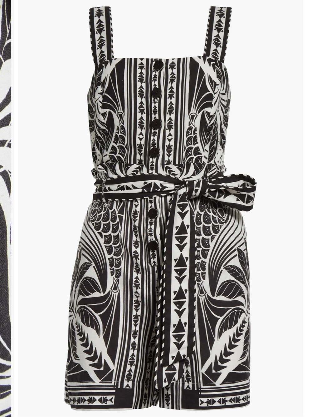 Farm Rio NEW Monochrome Elegance Scarf Print Belted Linen Blend Romper